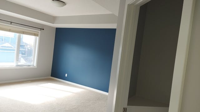 Walls and trim in freshly painted, one of the walls not is a dark blue feature wall